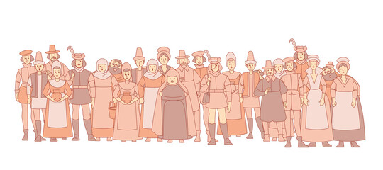 Medieval crowd people. A collection of cute funny male and female characters for a fairy tale background. Muted color vector illustration in a flat cartoon style, isolated on a white background