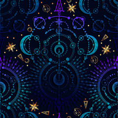 vector illustration, astronomical geometry, moon, stars, print on t-shirt, tattoo, handmade, seamles