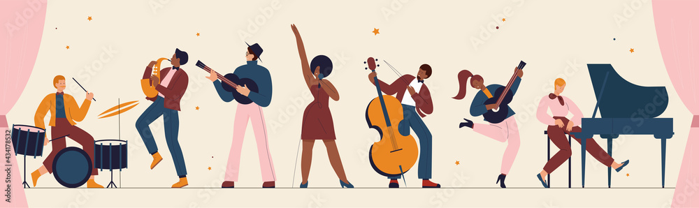 International jazz day, retro music festival party panorama concert vector illustration. Live music band playing musical instrument, woman singer and musicians with saxophone piano drum background - obrazy, fototapety, plakaty 