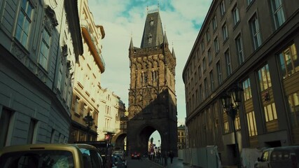 Canvas Print - Powder Tower street view with historical urban architecture in Prague, Czech Republic. 