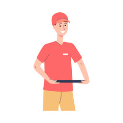 Wall Mural - Half-portrait fast food cafe worker with tray flat vector illustration isolated.