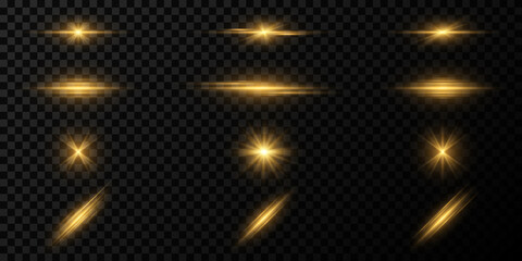 Wall Mural - Set of light effects on a dark transparent background. A collection of golden footages for your projects. Magical beams. Bright rays. Shining glare. Vector illustration.