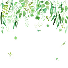 Hand-drawn watercolor green floral frame made in vector.