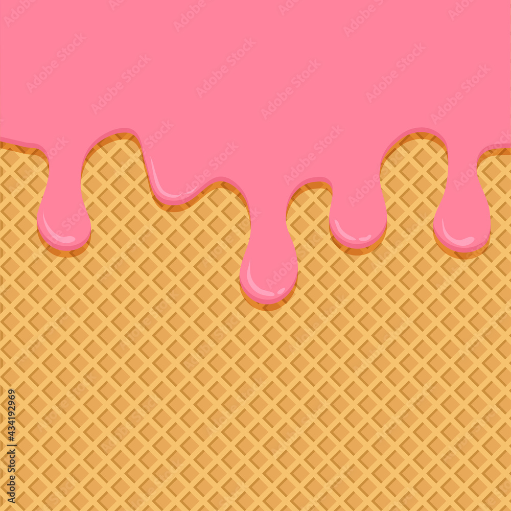 Ice cream melted vector background, waffle cone texture, pink strawberry  liquid on wafer pattern, sweet biscuit dessert. Cartoon illustration Stock  Vector | Adobe Stock, image size:1000x1000