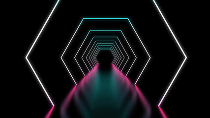 Poster - Hexagonal neon background in purple blue colors. Tech background futuristic space tunnel light. Future,black neon cyber abstract art 3d render.