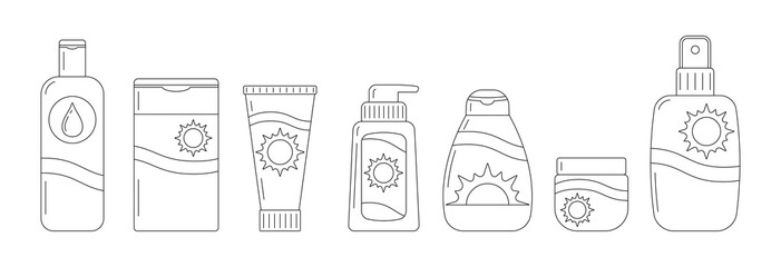 Sunscreen bottles vector line art icon set isolated on white background. Flat design linear tube of sunscreen, after sun lotion with sun sign, sun protection factor SPF. Sun cream with uv protection.