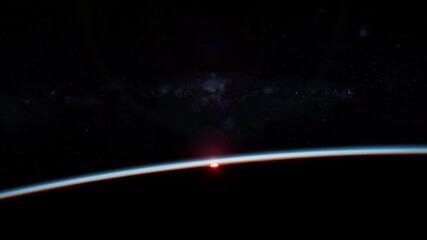 Wall Mural - Space spectacular view of sun rising over horizon of planet earth stars in sky background flare light growing. Based on image furnished by Nasa