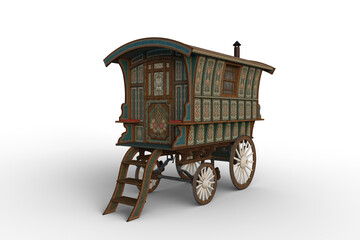 Poster - 3D rendering of a vintage Romany gypsy caravan decorated with turquoise and green flowers isolated on white.