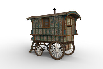 Poster - Rear coner view 3D rendering of a turquoise and green Romany gypsy caravan isolated on white.
