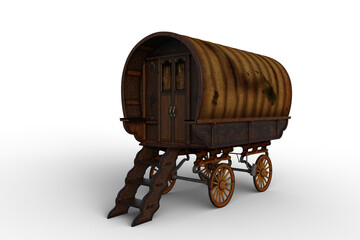 Poster - 3D rendering of an old worn brown Romany gypsy caravan isolated on white.