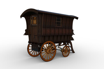Poster - Rear view 3D rendering of a vintage wooden Romany gypsy caravan isolated on white.