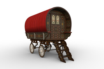 Poster - 3D rendering of a traditional Romany gypsy caravan with red roof isolated on white.
