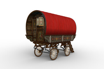 Poster - Rear view 3D rendering of a traditional red roofed Romany gypsy caravan isolated on white.
