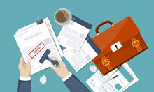 CV Papers On Desk With Documents And Magnifying Glass. Human Resources, Hiring New Employees Concept. Papers With Hired Stamp. Flat Vector Design.