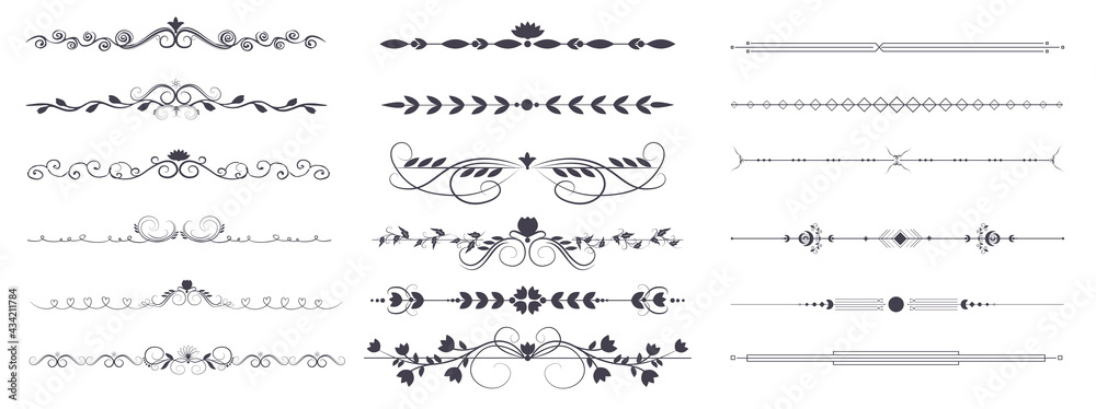 Divider ornament is a large collection set. Hand-drawn vector line dividers decorated with flowers and leaves. Decorations for greeting cards and posters. Vector illustration, isolated set - obrazy, fototapety, plakaty 