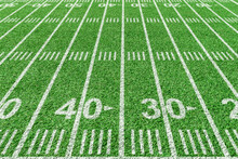 Yard Line Of American Football Field. View From With Sidelines