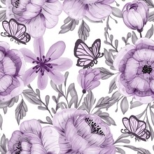 Watercolor Flower And Butterfly Purple Seamless Pattern