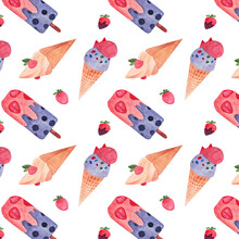 Strawberries And Blueberries Ice Cream Pattern. Watercolor Hand Drawn Elements. White Background. Summer Bright Wallpaper For Decoration. Cute Scrapbook Clip Art. 