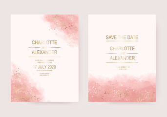 Wall Mural - Wedding invitation cards with gold splatter and pink watercolor texture.