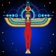 Wall Mural - Animation color portrait: Egyptian winged goddess Isis with horns and a sun disk on her head. Sacred geometry, phases of the moon. Vector illustration. Background - night star sky. Print, poster, card