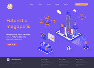 Aufkleber - Futuristic megapolis isometric landing page design. Modern architecture and digital technologies isometry concept. Smart city, urban hitech flat web page. Vector illustration with people characters.