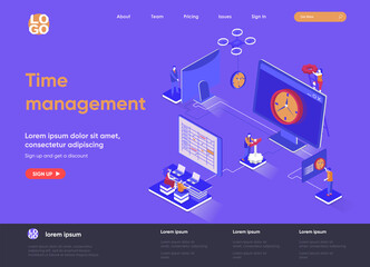 Poster - Time management isometric landing page. Effective planning workflow and performing tasks isometry concept. Adherence to deadlines, high work productivity. Vector illustration with people characters.