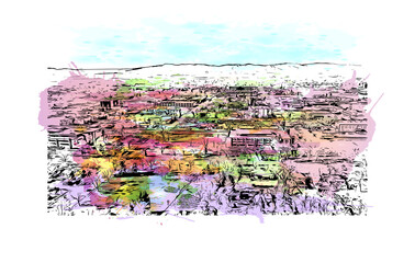 Building view with landmark of Fort Collins is a city in northern Colorado. Watercolor splash with hand drawn sketch illustration in vector.