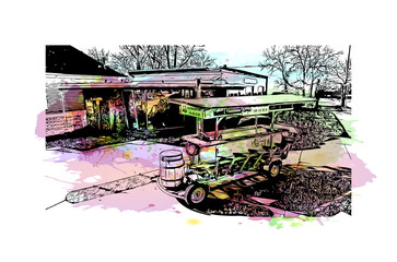 building view with landmark of fort collins is a city in northern colorado. watercolor splash with h