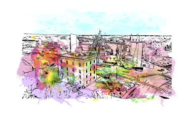 building view with landmark of fort collins is a city in northern colorado. watercolor splash with h