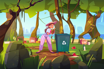 Wall Mural - Woman clean up forest and beach area. Girl at ocean shore polluted with plastic garbage. Sea side with different kinds of trash and wastes under trees. Ecology pollution, Cartoon vector illustration