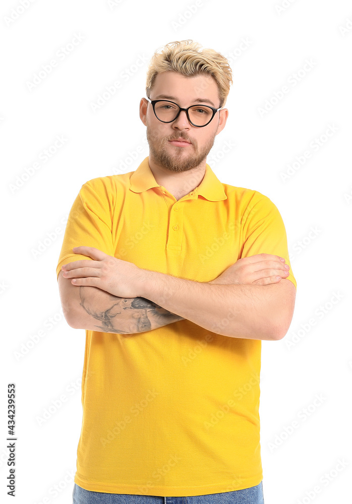 Young man wearing eyeglasses on white background