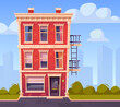 House facade front view, three-story building exterior of red brick with windows, door and evacuation ladder. Countryside home at roadside with green plants at yard lawn, Cartoon vector illustration