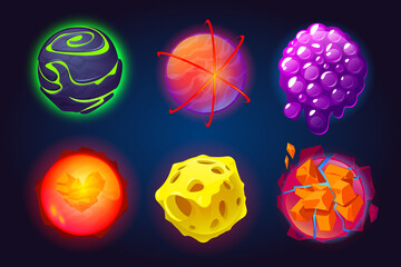 Wall Mural - Fantastic planets, cartoon galaxy game asteroids. Cosmic world, alien space ui or gui design elements. Earth, satellite, cheese, cluster and toxic glow, comet explosion cracked surface, Vector set