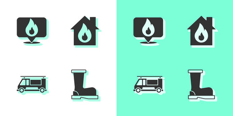 Set Fire boots, Location with fire flame, truck and in burning house icon. Vector