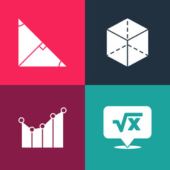 Poster - Set pop art Square root of x glyph, Graph, schedule, chart, diagram, Geometric figure Cube and Angle bisector triangle icon. Vector