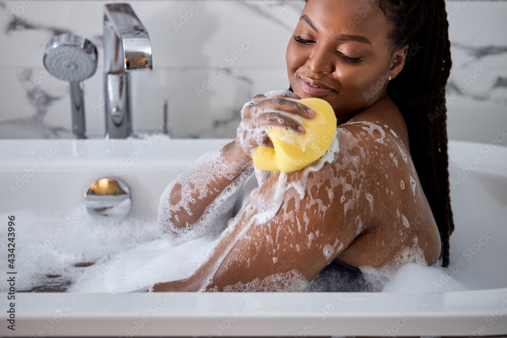 African Woman Washing Herself, Taking Bath With Sponge At Home, Free ...