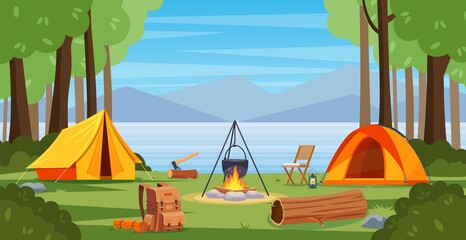 summer camp in forest with bonfire, tent, backpack and lantern.
