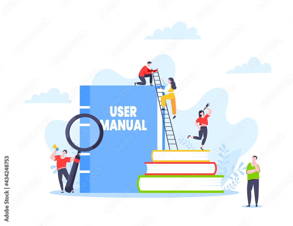 Manager User Guide Graphice User manual guide book flat style design vector illustration. Tiny ...