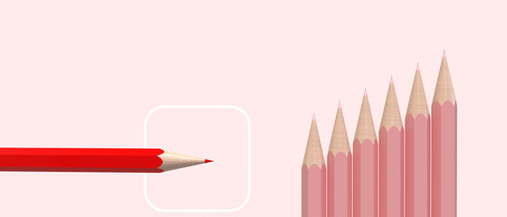 Poster - Red pencils and white rectangular frame placed horizontally with prominence and black pencils vertically. Leadership, initiative, strategy, different, business success.- 3d rendering