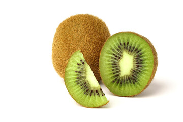 Wall Mural - whole kiwi fruit and its sliced segments isolated on white background.