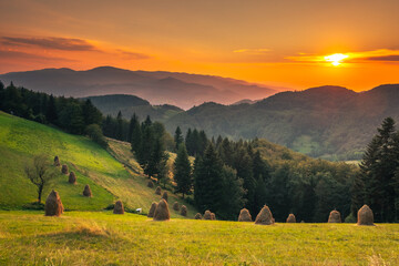 A warm summer sunset in the Beskid Sądecki in the Jaworzyna Krynicka range.