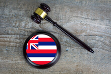 Wooden Judgement Or Auction Mallet With Of Hawaii Flag. Conceptual Image.