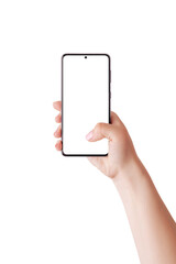 Leinwandbilder - Woman hand holding phone and touch display with thumb. Isolated screen and background for mockup
