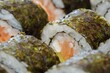 Sushi roll seafood rice fish,  wasabi ginger.