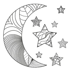 Wall Mural - Moon and star with abstract patterns on isolation background. Design for spiritual relaxation for adults. Line art. Black and white illustration for anti stress colouring page. Print for t-shirts