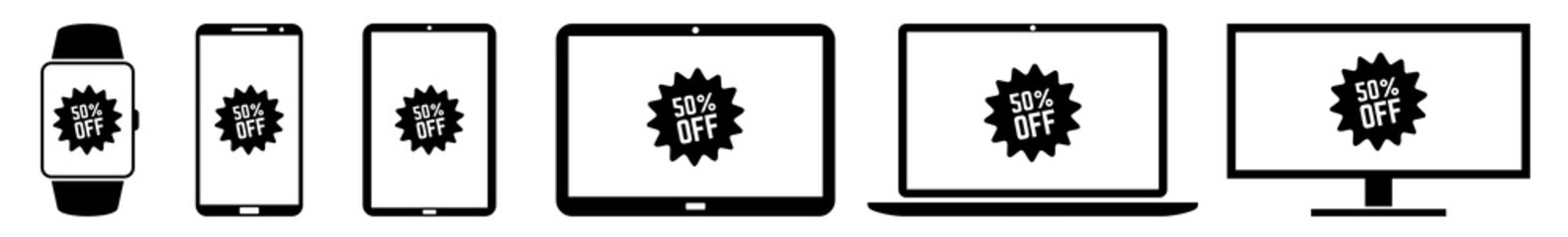 Poster - Display 50, Percent, Off, Label, Badge, Price, Tag, Sticker Icon Devices Set | Web Screen Device Online | Laptop Vector Illustration | Mobile Phone | PC Computer Tablet Sign Isolated