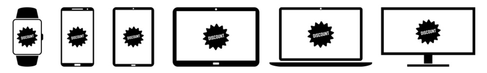 Poster - Display Discount, Label, Badge, Price, Tag, Sticker, Logo Icon Devices Set | Web Screen Device Online | Laptop Vector Illustration | Mobile Phone | PC Computer Smartphone Tablet Sign Isolated