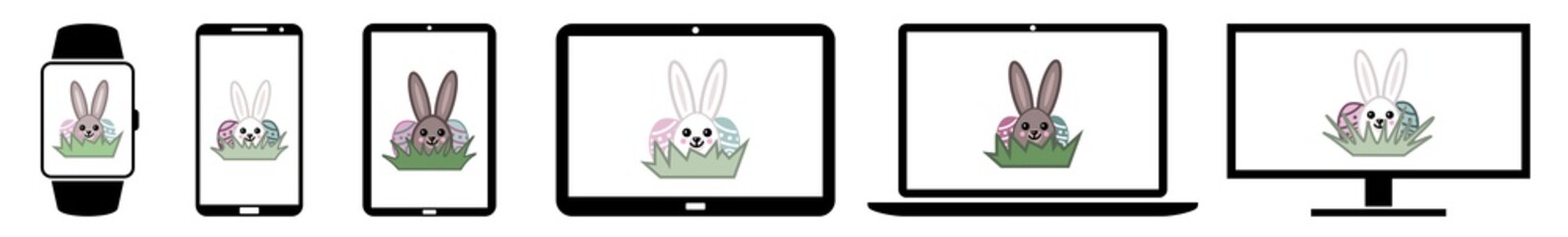Poster - Display easter, eggs, egg, painted, bunny, rabbit, grass Icon Devices Set | Web Screen Device Online | Laptop Vector Illustration | Mobile Phone | PC Computer Smartphone Tablet Sign Isolated