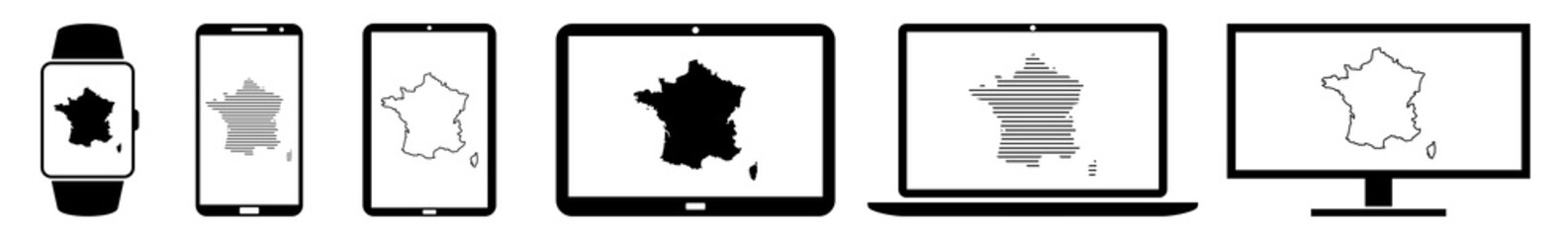 Poster - Display France, map, border, country, geography Icon Devices Set | Web Screen Device Online | Laptop Vector Illustration | Mobile Phone | PC Computer Smartphone Tablet Sign Isolated