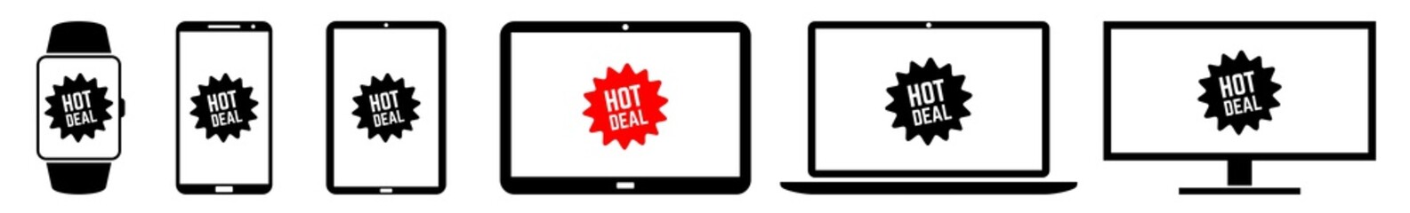 Poster - Display hot, deal, label, badge, price, tag, sticker, logo Icon Devices Set | Web Screen Device Online | Laptop Vector Illustration | Mobile Phone | PC Computer Smartphone Tablet Sign Isolated